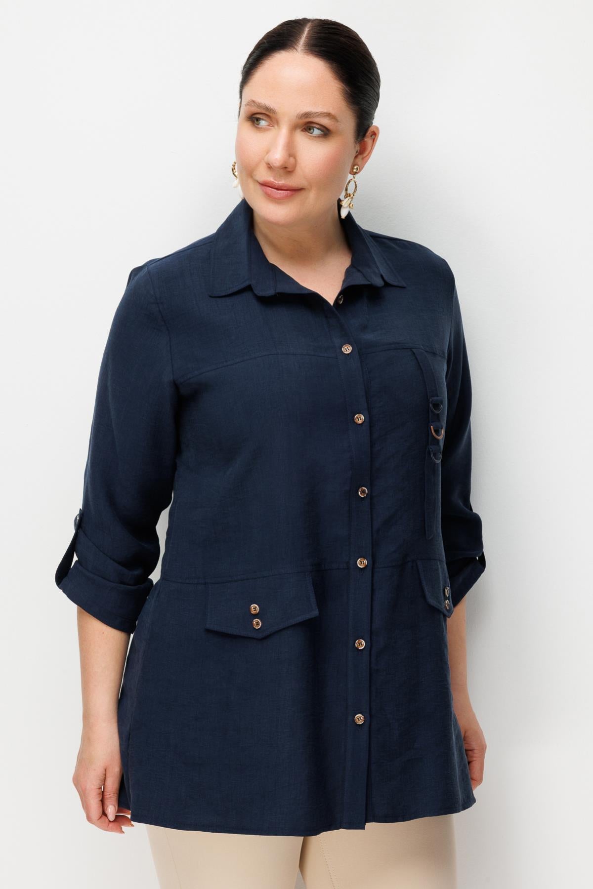 Plus Size Tunic with Button Front and Decorative Pockets