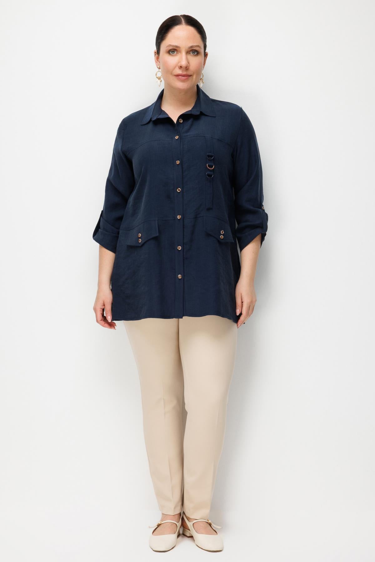 Plus Size Tunic with Button Front and Decorative Pockets