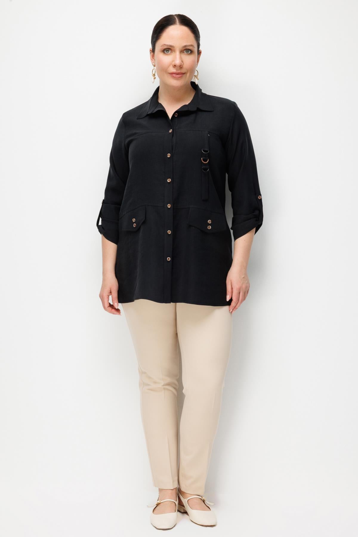 Plus Size Tunic with Button Front and Decorative Pockets