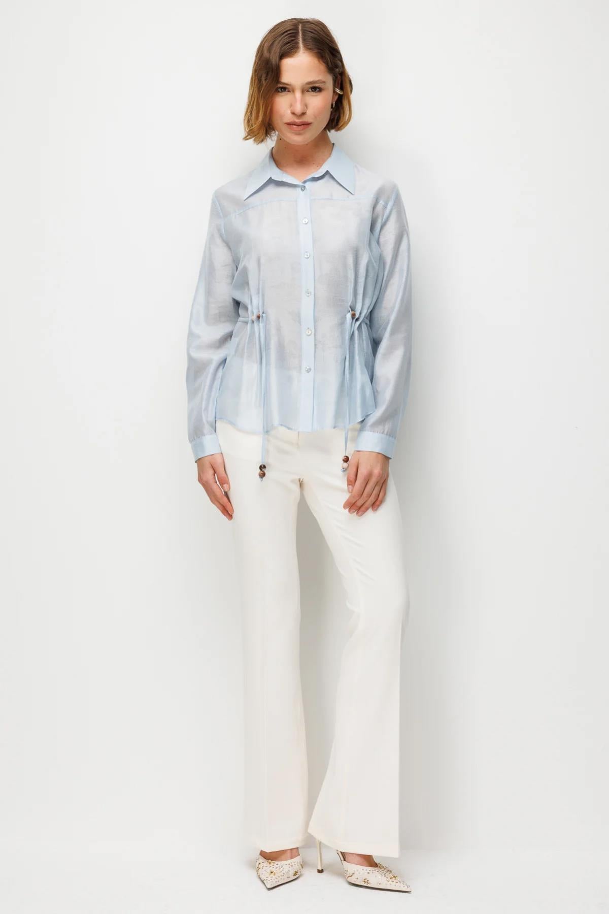 Bel Büzgü Detaylı Kendinden Desenli Gömlek