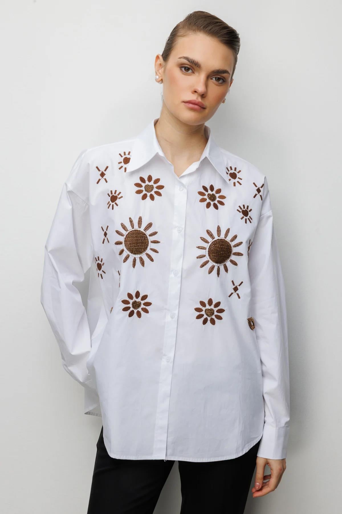 Stone-Embroidered Patterned Cotton Shirt