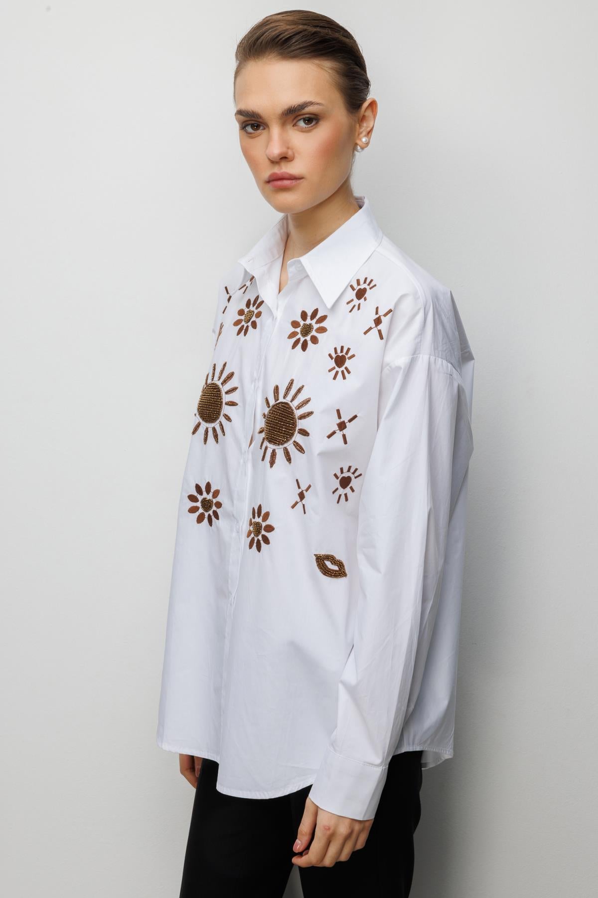 Stone-Embroidered Patterned Cotton Shirt