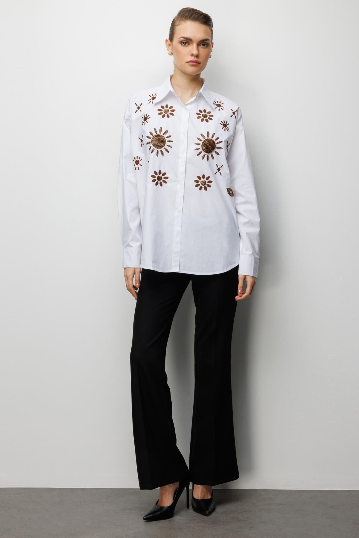 Stone-Embroidered Patterned Cotton Shirt