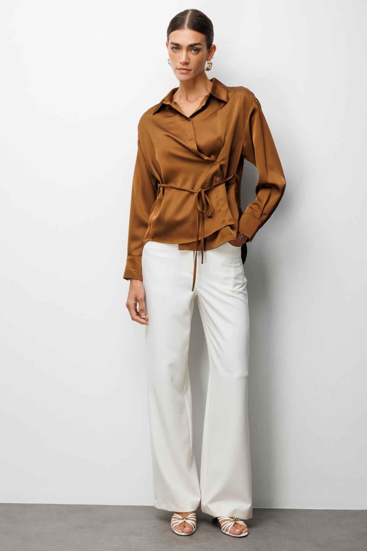 Wrap Neckline Lace-up Blouse 