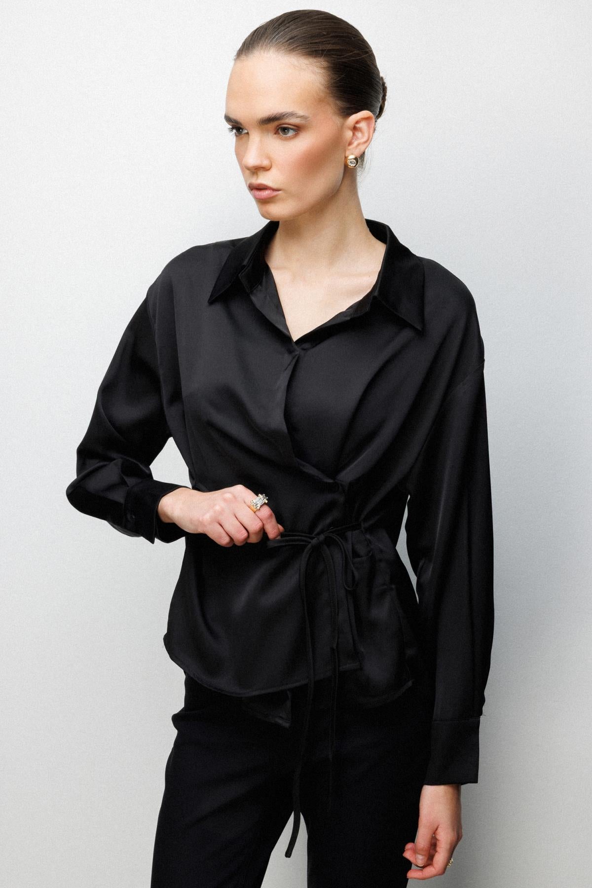 Wrap Neckline Lace-up Blouse 