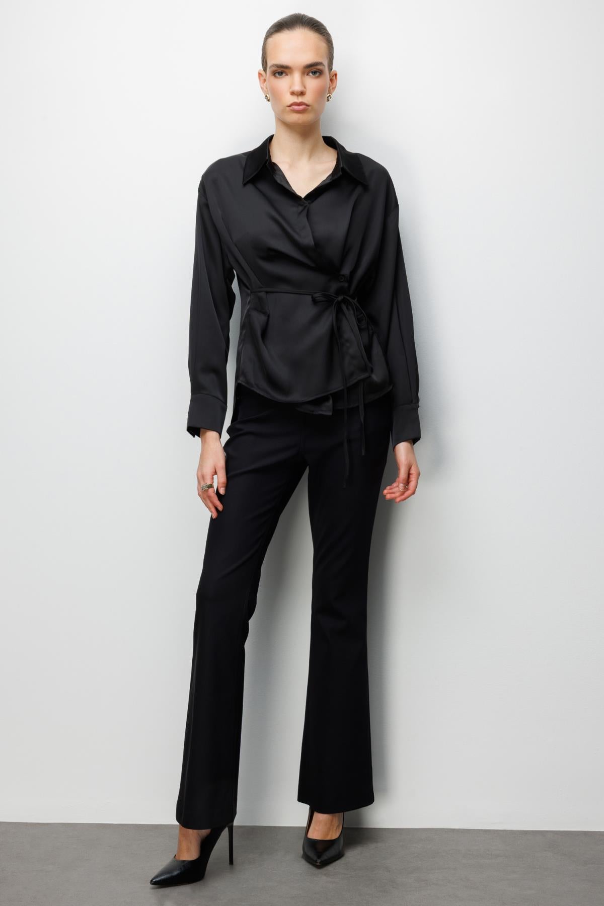 Wrap Neckline Lace-up Blouse 