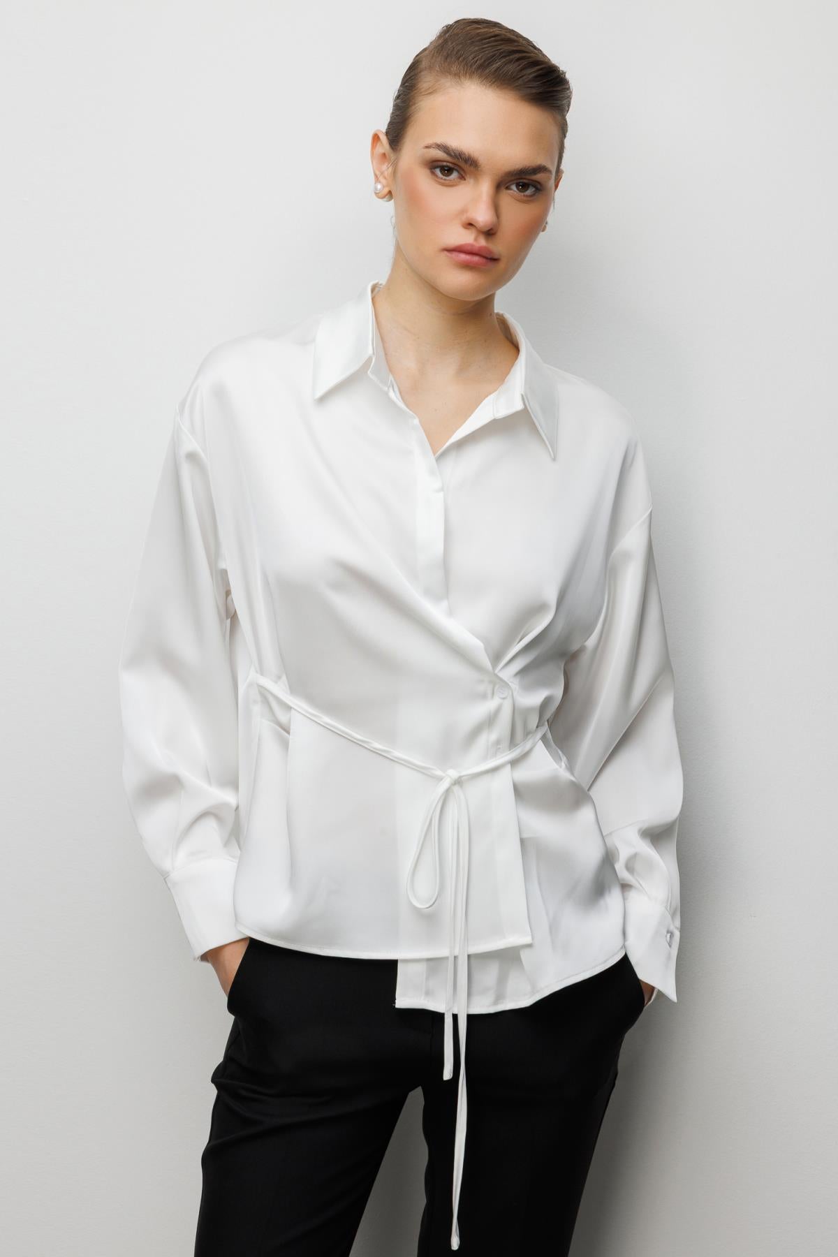 Wrap Neckline Lace-up Blouse 