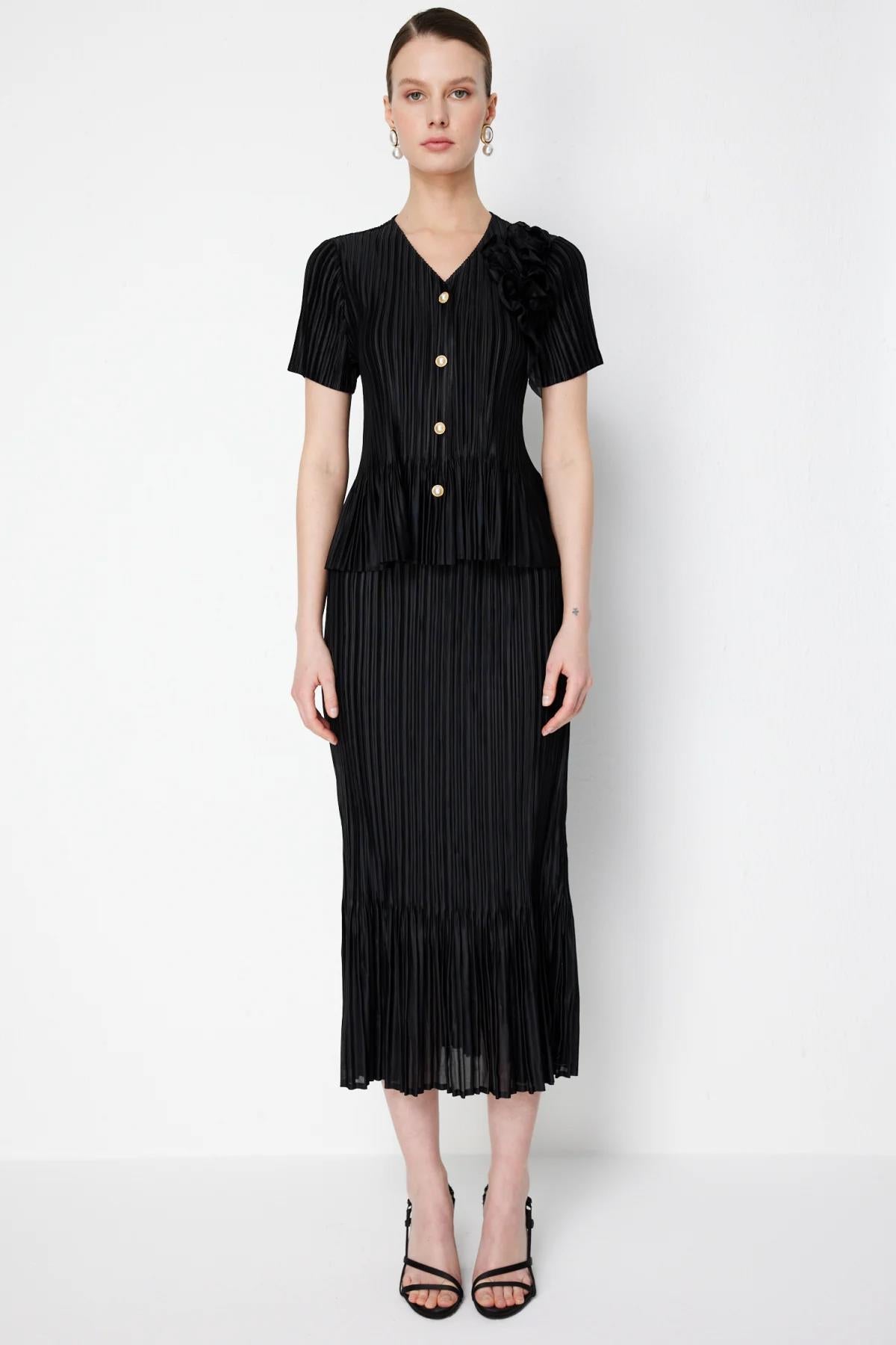 Piliseli Akordiyon Kumaş Midi Etek