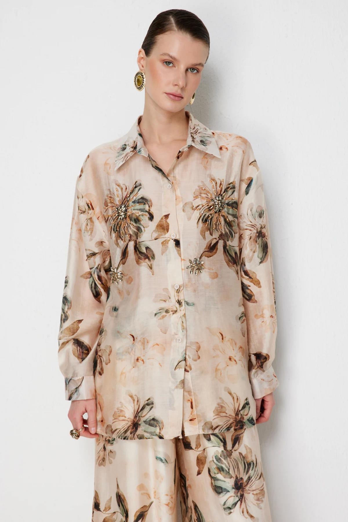 Taş İşlemeli Çiçek Desenli Tunik