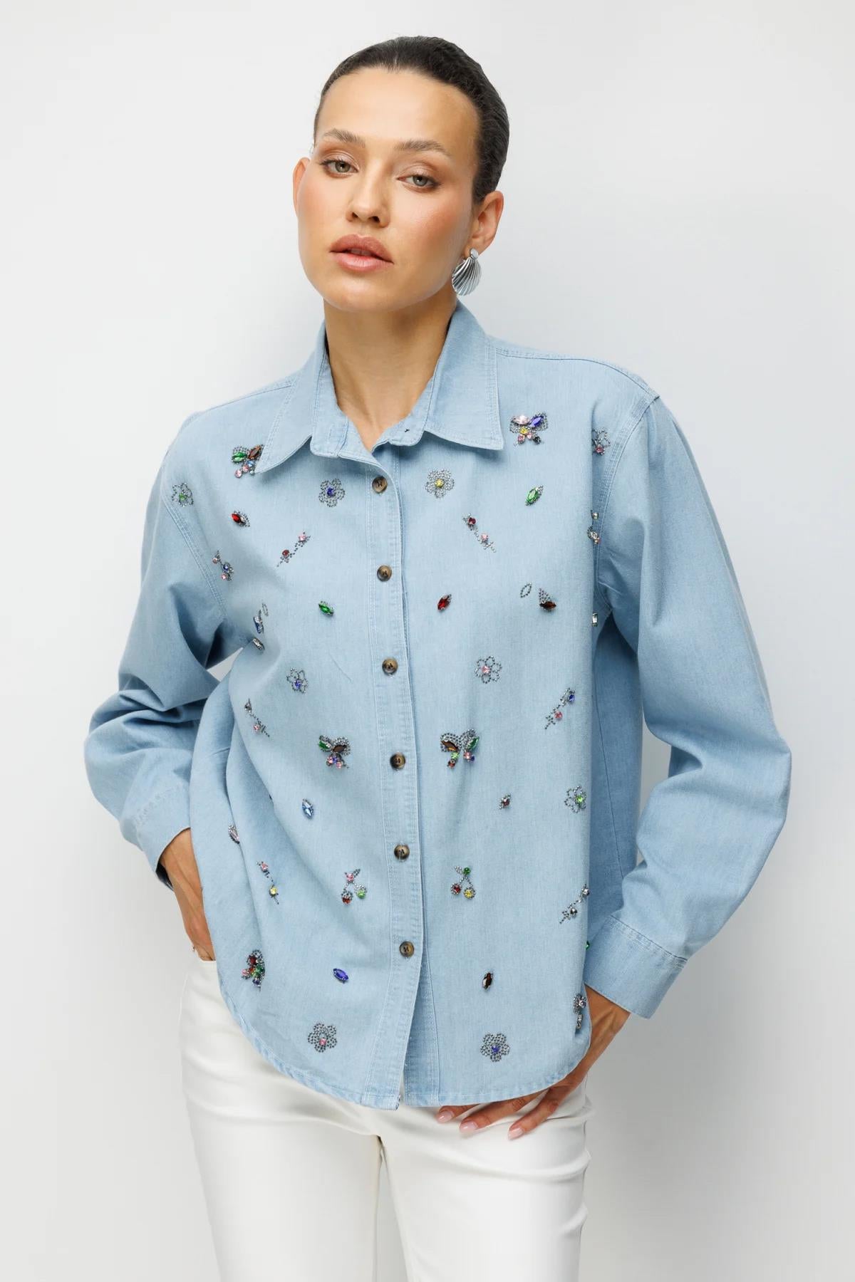 Renkli Taş İşmeleli Kot Gömlek