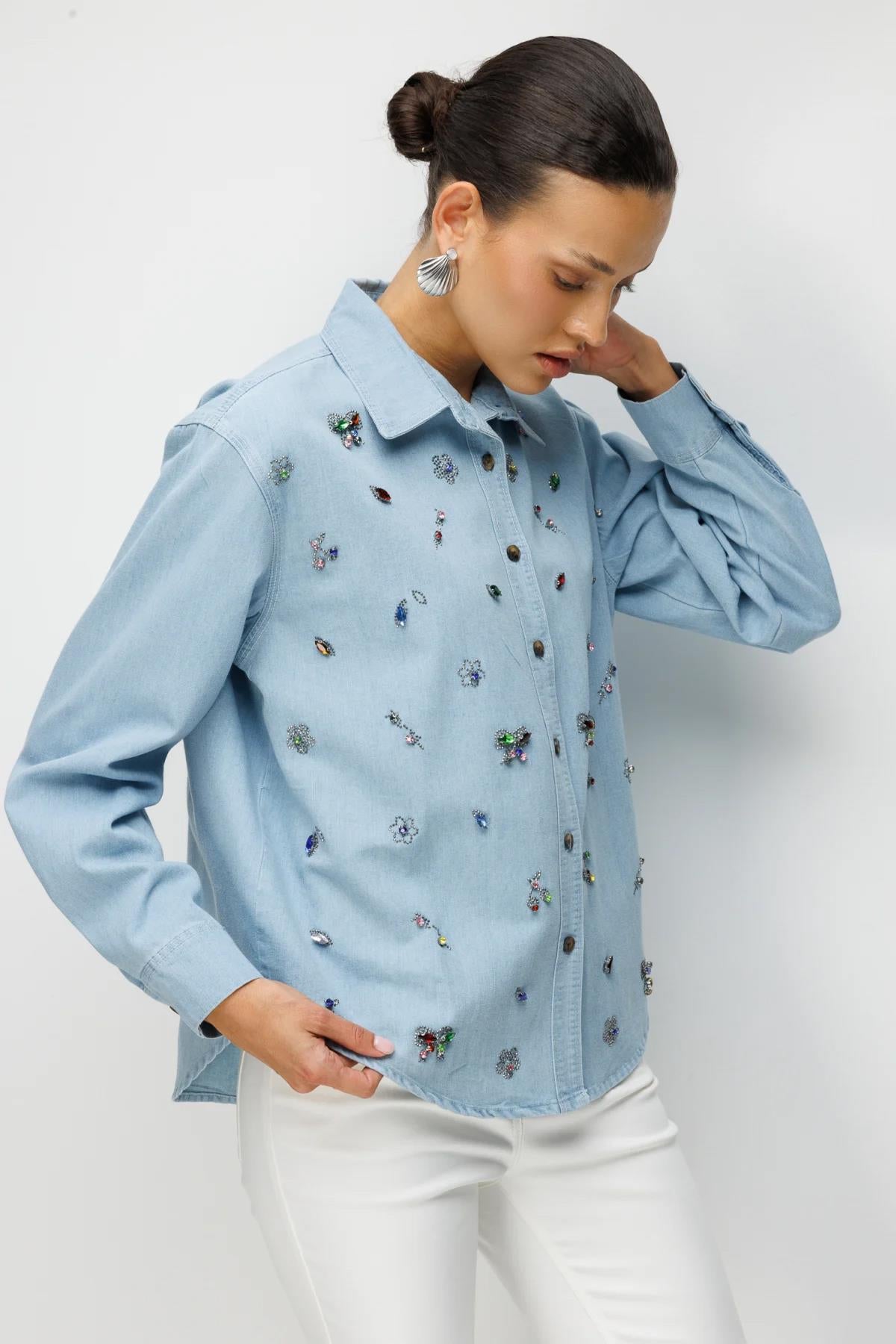 Renkli Taş İşmeleli Kot Gömlek