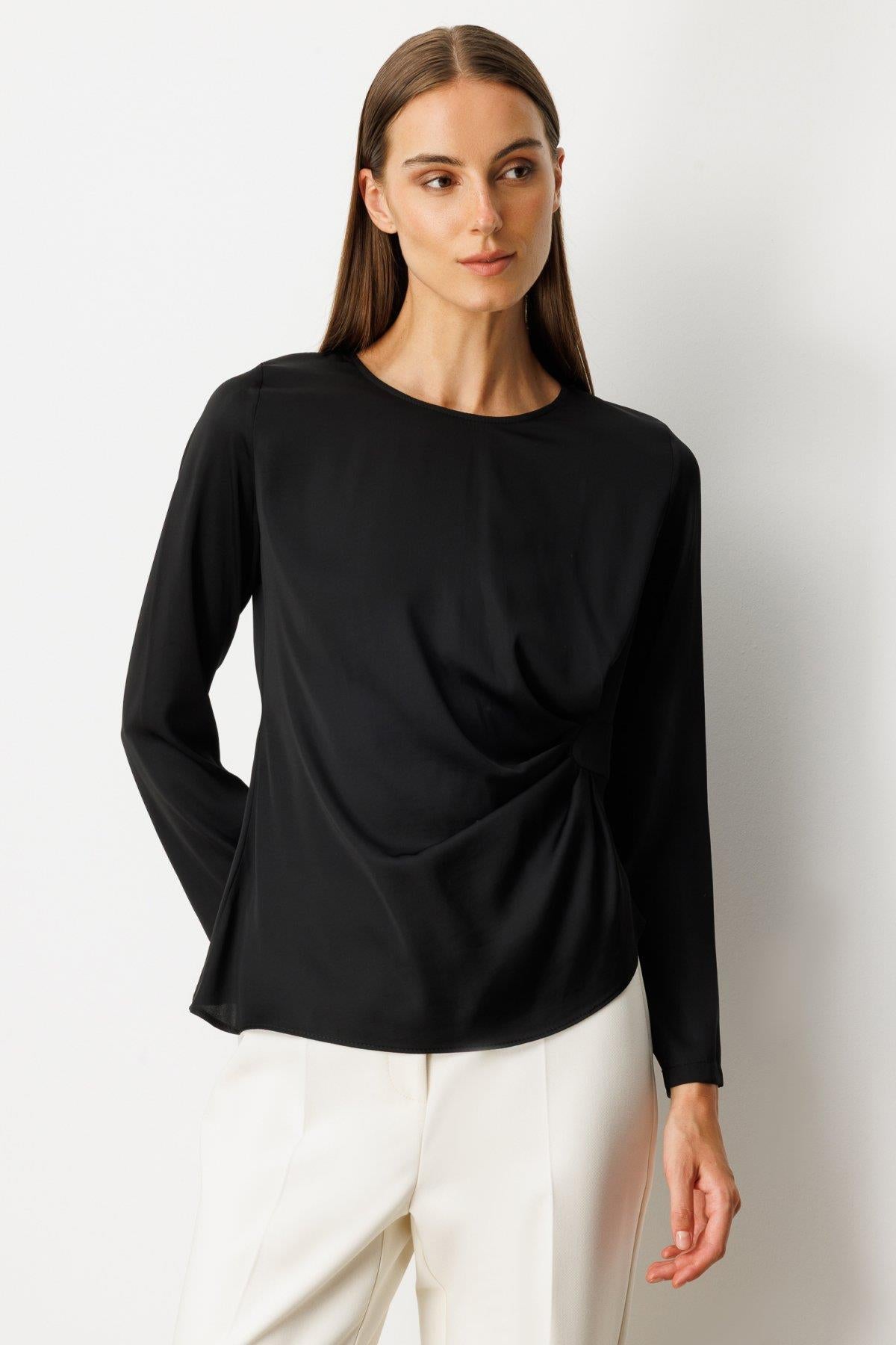 Side Draped Crew Neck Satin Blouse