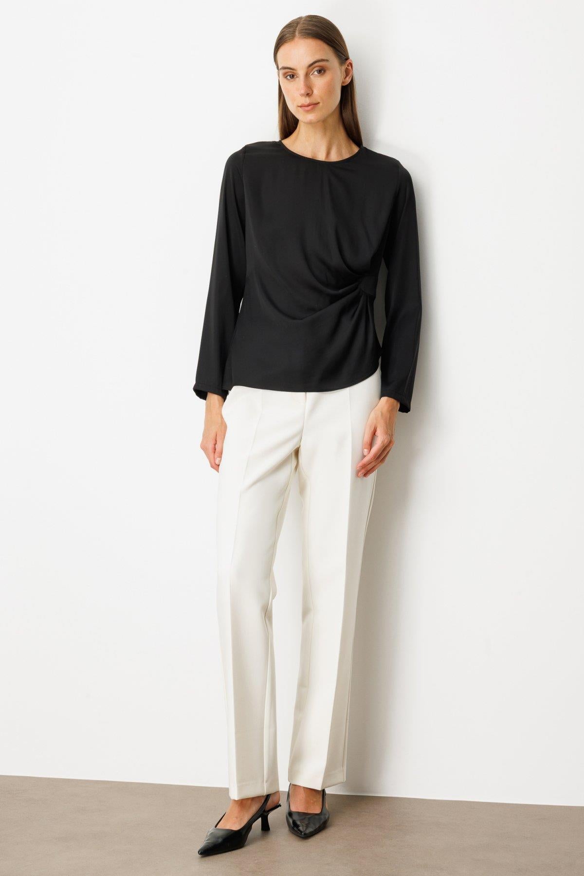 Side Draped Crew Neck Satin Blouse