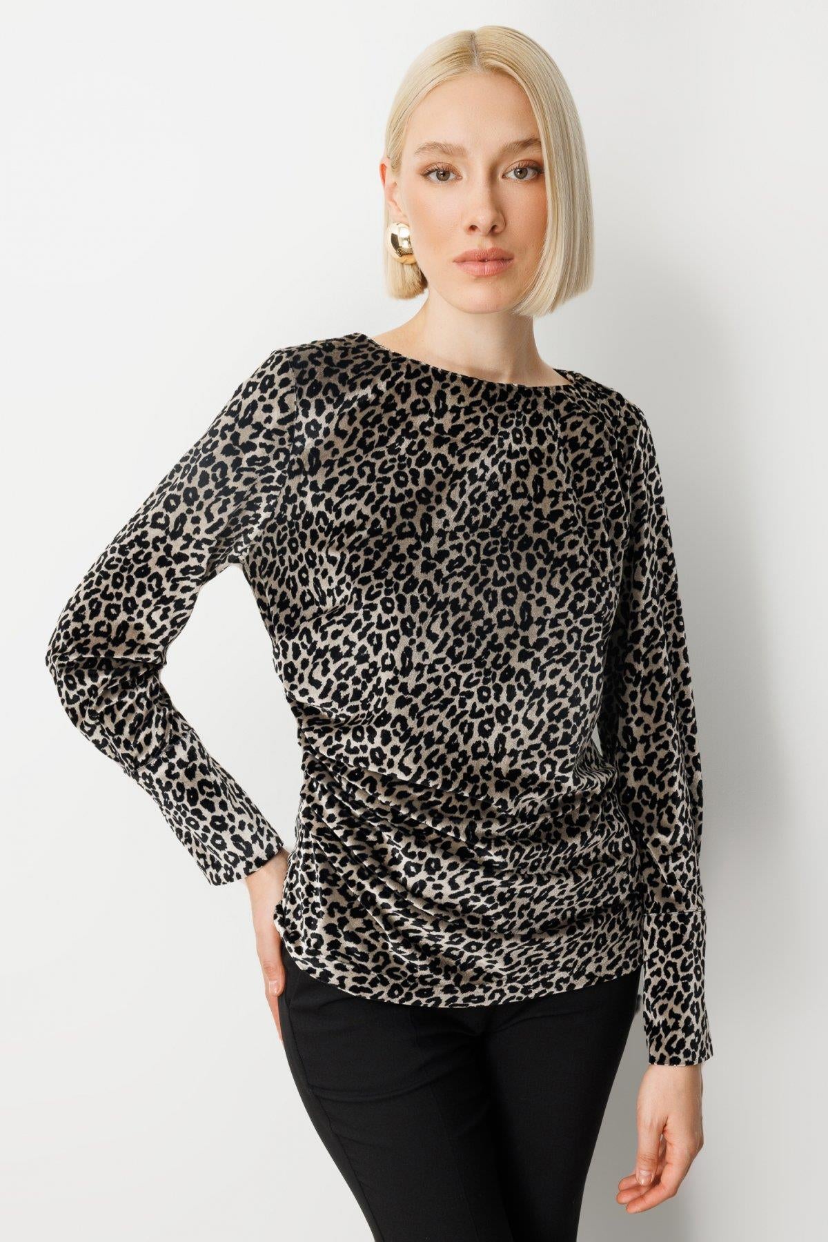 Draped Leopard Print Velvet Blouse