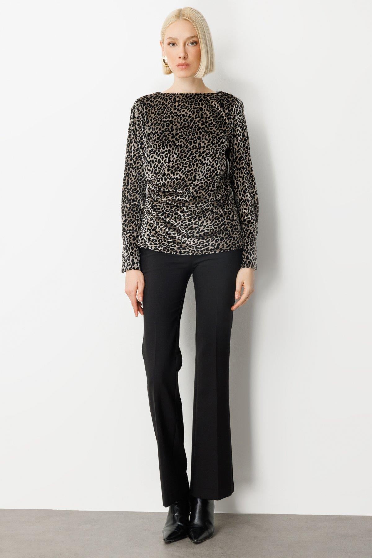 Draped Leopard Print Velvet Blouse