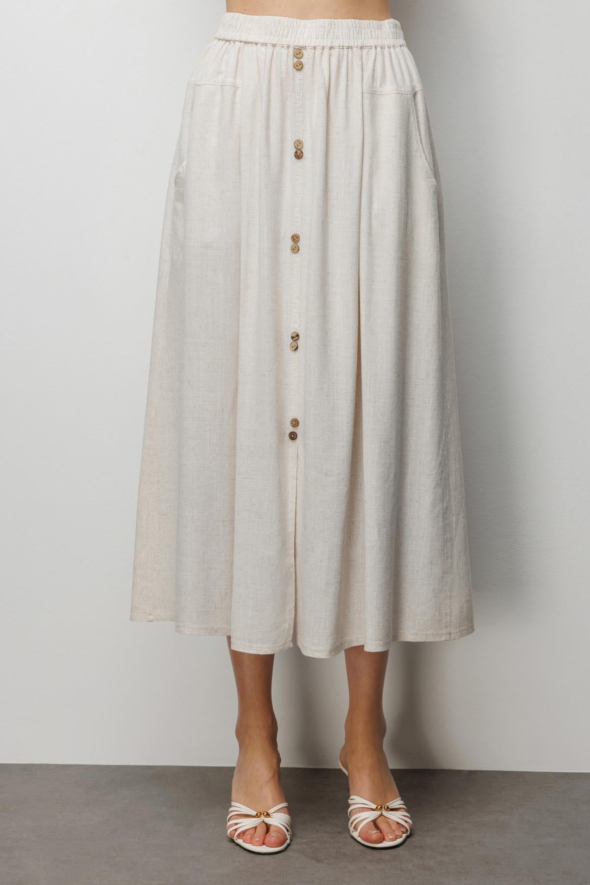 Front Buttoned Linen Midi Skirt with Pocket Detail