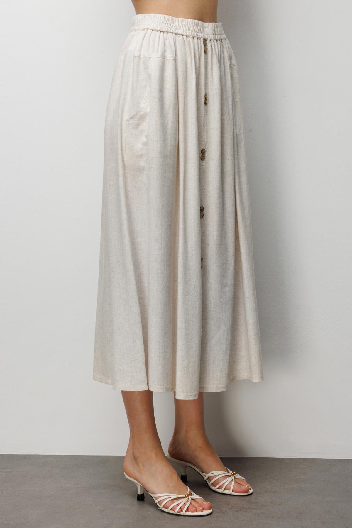 Front Buttoned Linen Midi Skirt with Pocket Detail