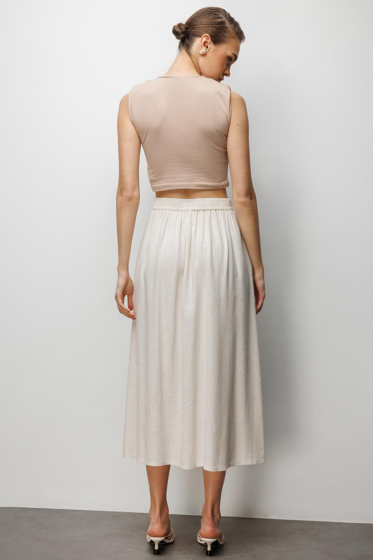 Front Buttoned Linen Midi Skirt with Pocket Detail