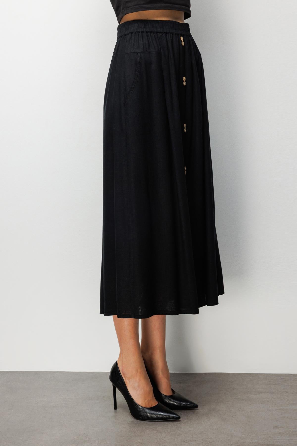 Front Buttoned Linen Midi Skirt with Pocket Detail