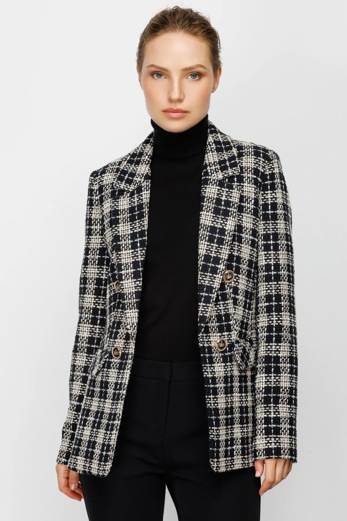 Ekoseli Önü Açık Kadın Blazer Ceket