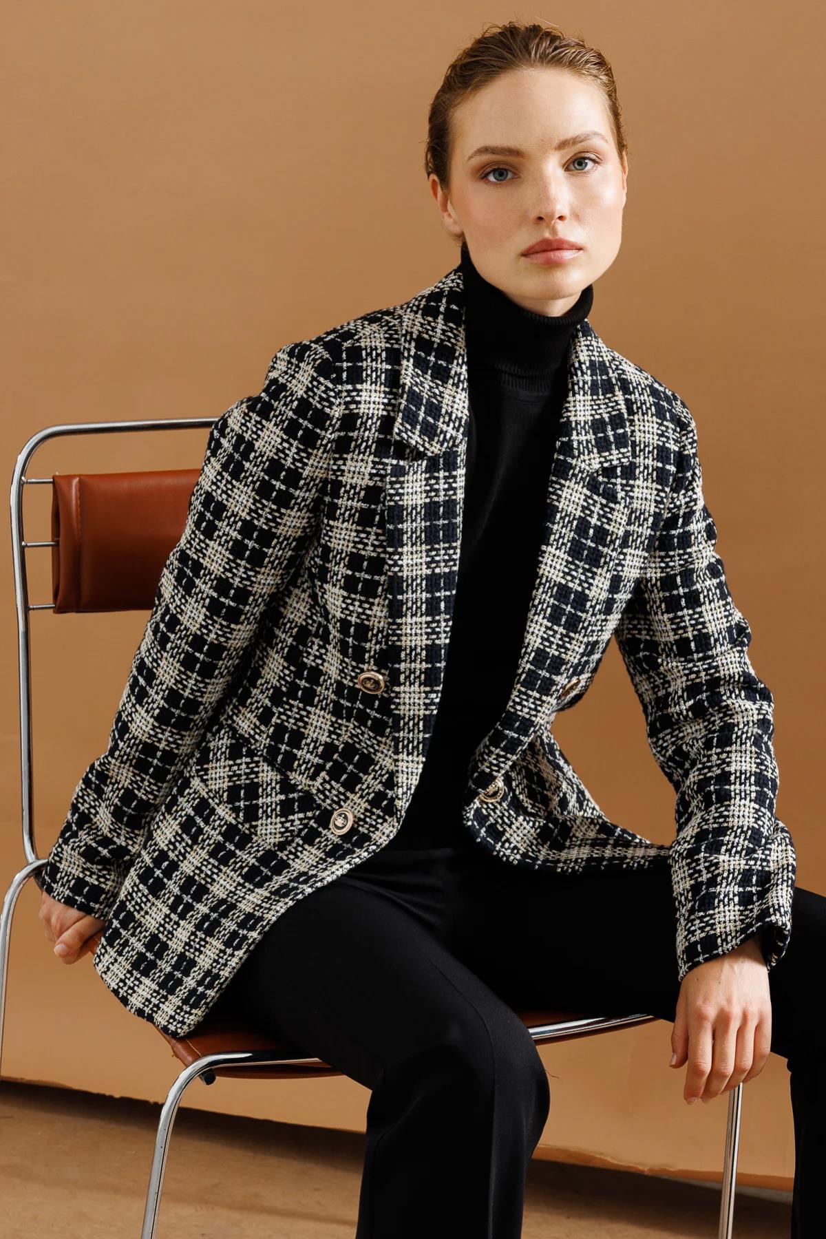 Ekoseli Önü Açık Kadın Blazer Ceket