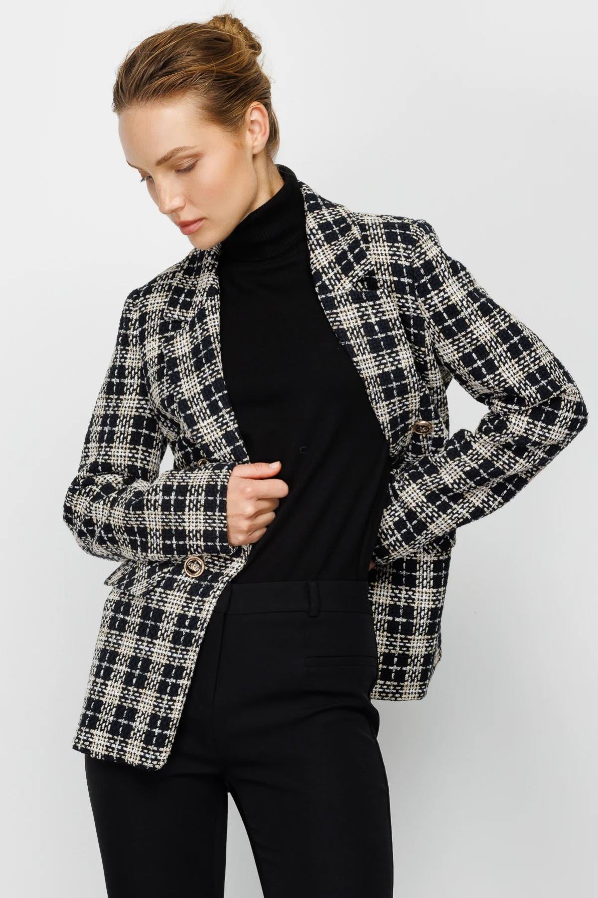 Ekoseli Önü Açık Kadın Blazer Ceket