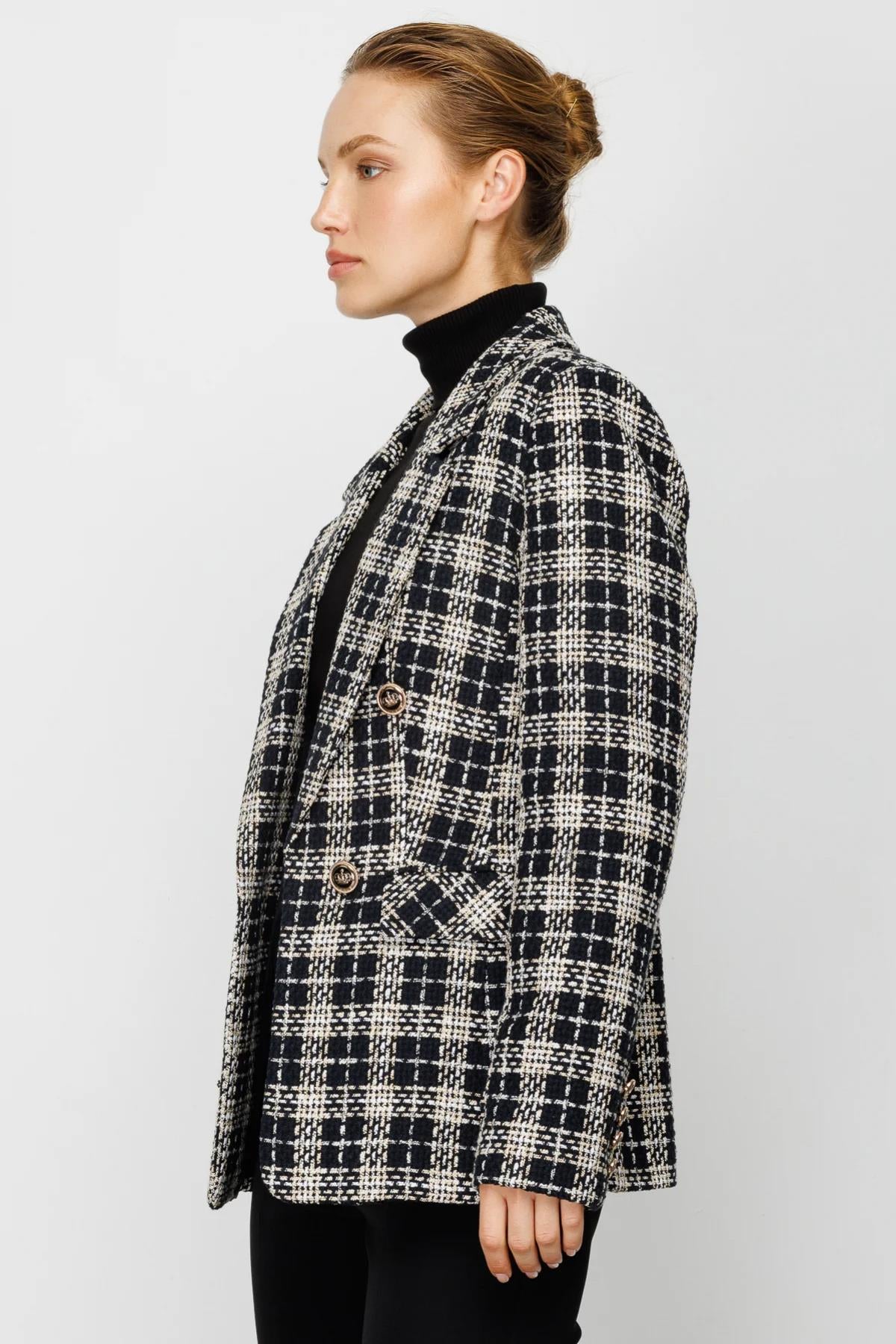 Ekoseli Önü Açık Kadın Blazer Ceket