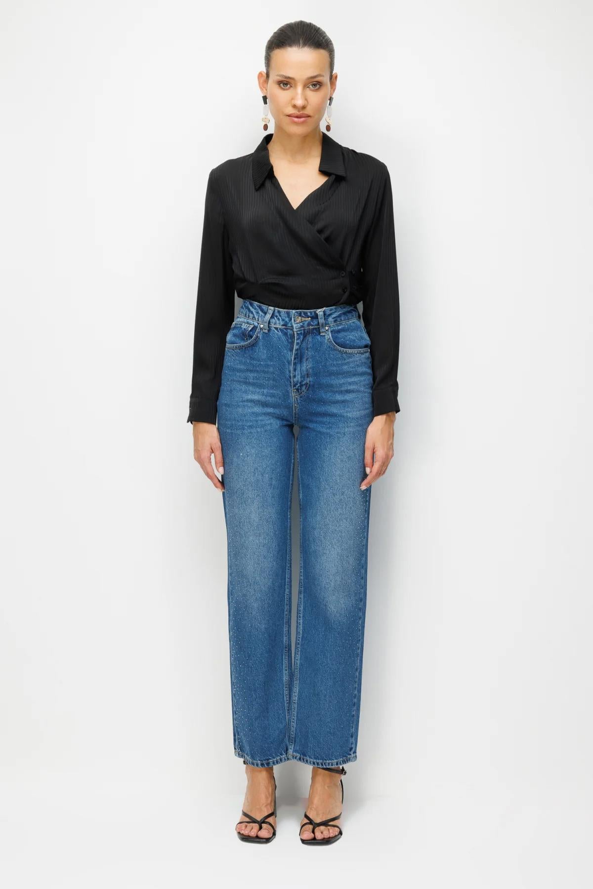 Taş İşlemeli Bol Paça Kot Pantolon