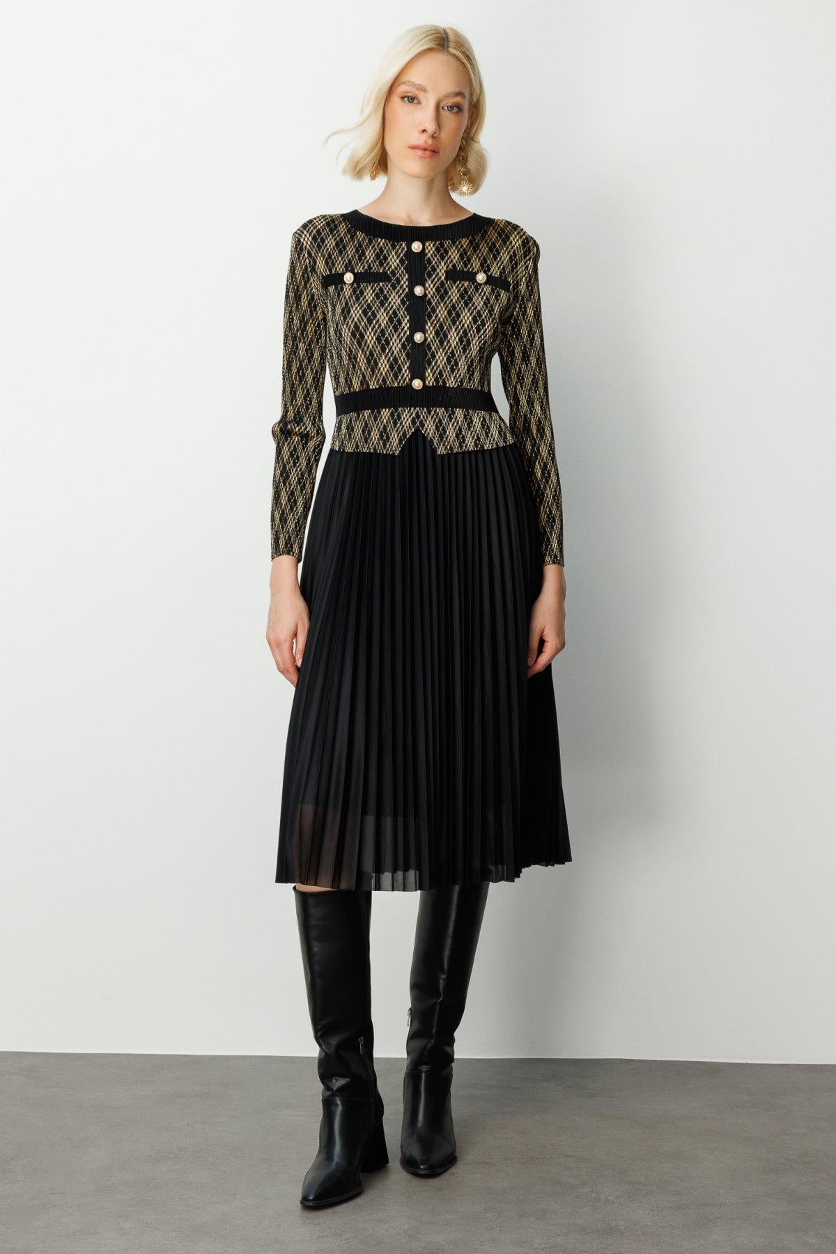 Accordion Fabric Pleated Dress with Decorative Buttons