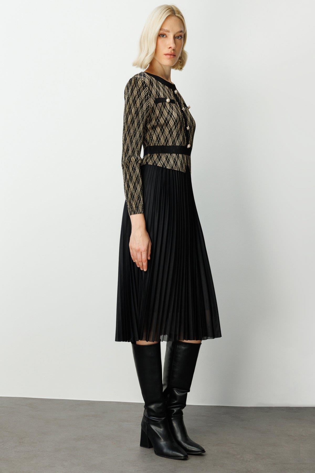 Accordion Fabric Pleated Dress with Decorative Buttons