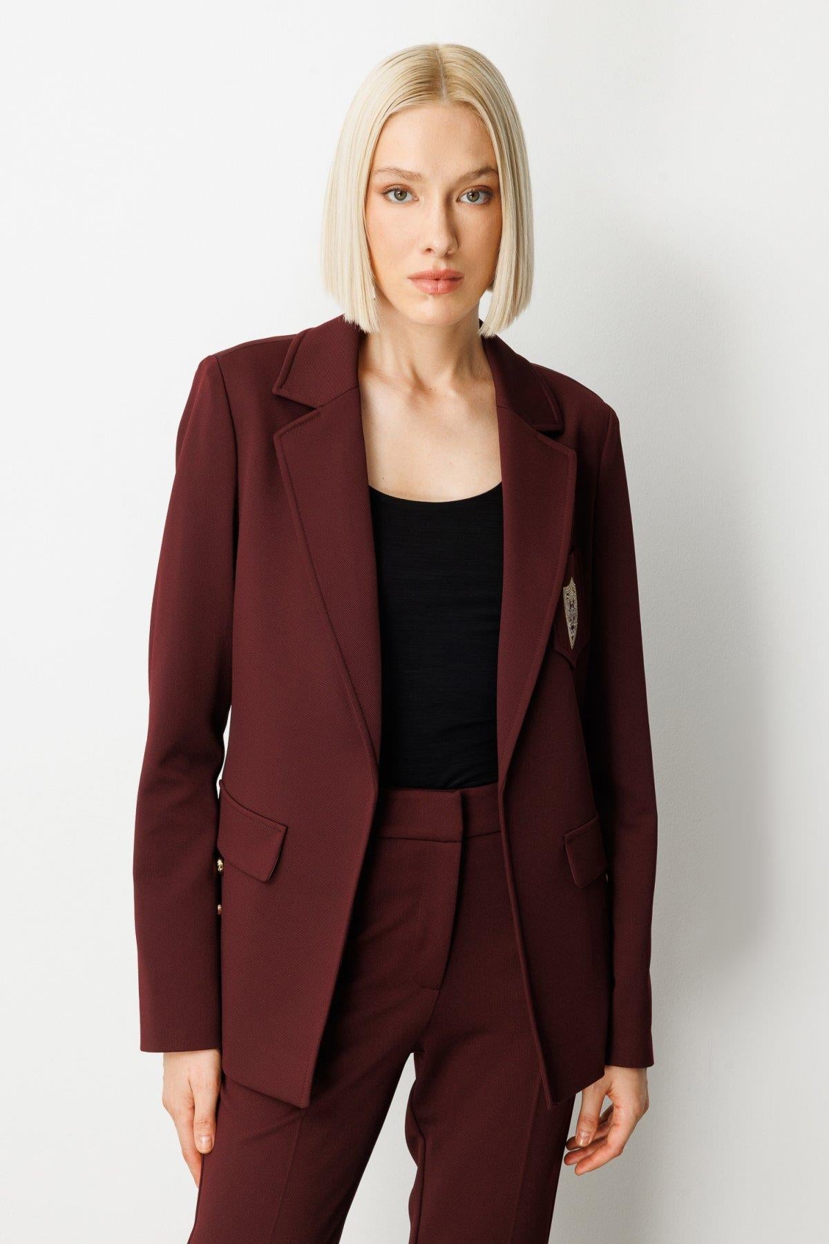 Long Sleeve Blazer Jacket with Emblem Detail