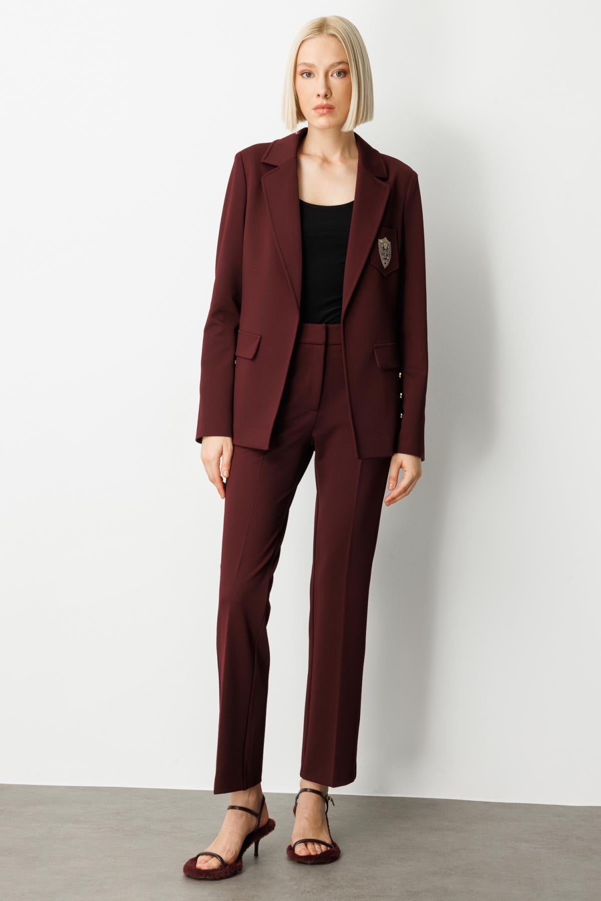 Long Sleeve Blazer Jacket with Emblem Detail