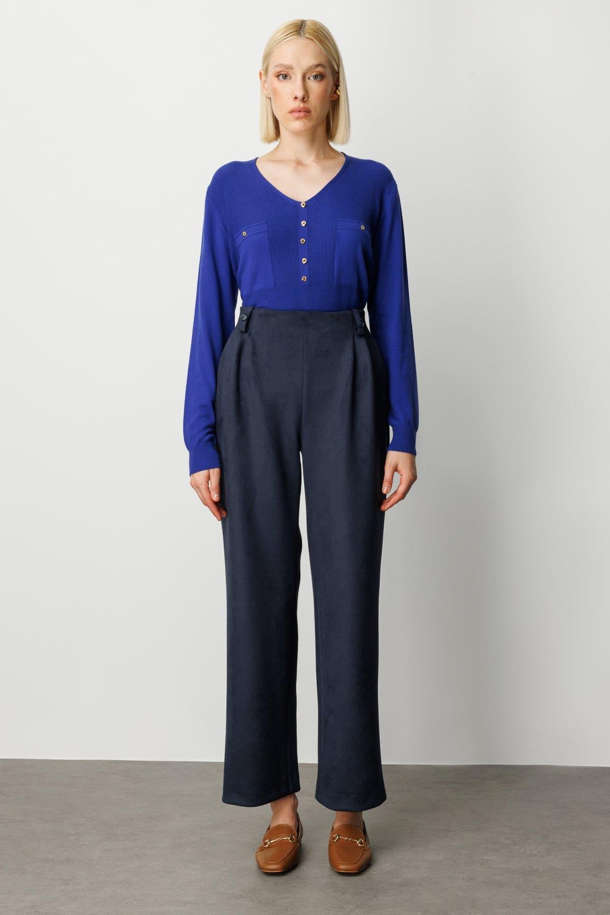 Elastic Waist and Pleated Chamois Leather Trousers