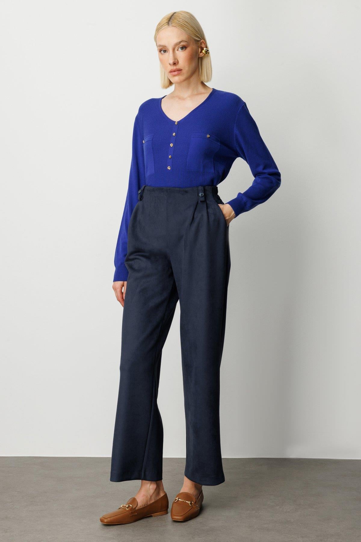 Elastic Waist and Pleated Chamois Leather Trousers