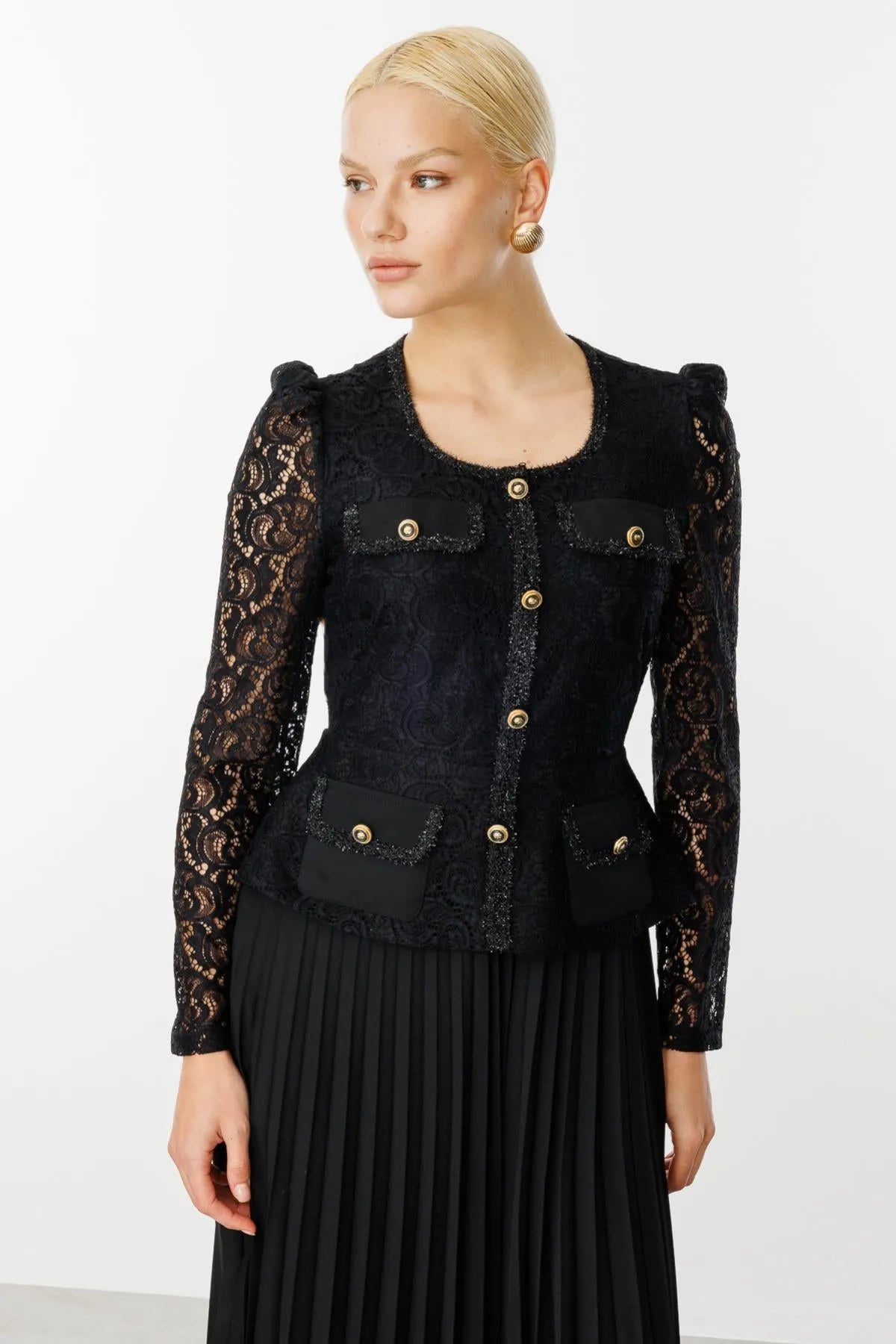 Pleated Skirt Dress with Guipure Detail
