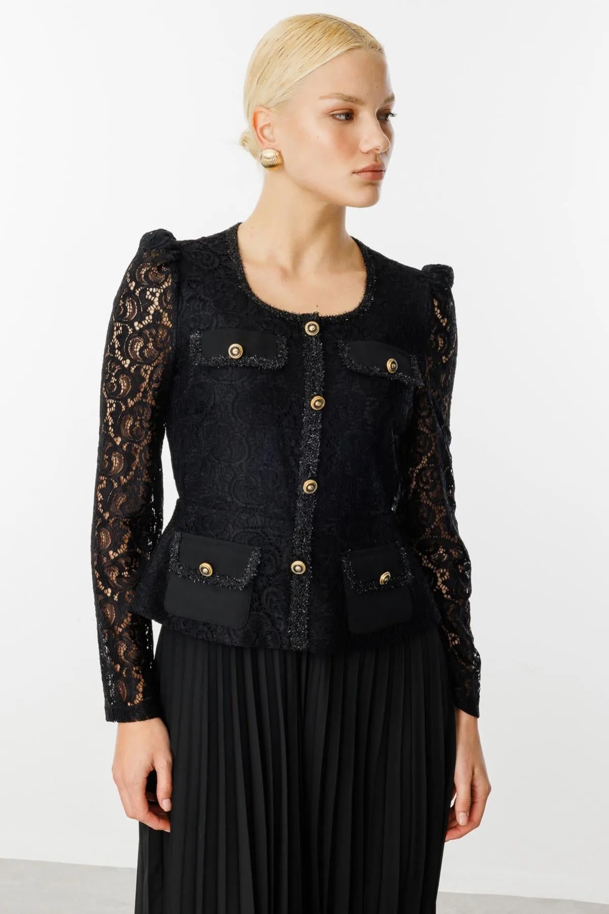 Pleated Skirt Dress with Guipure Detail