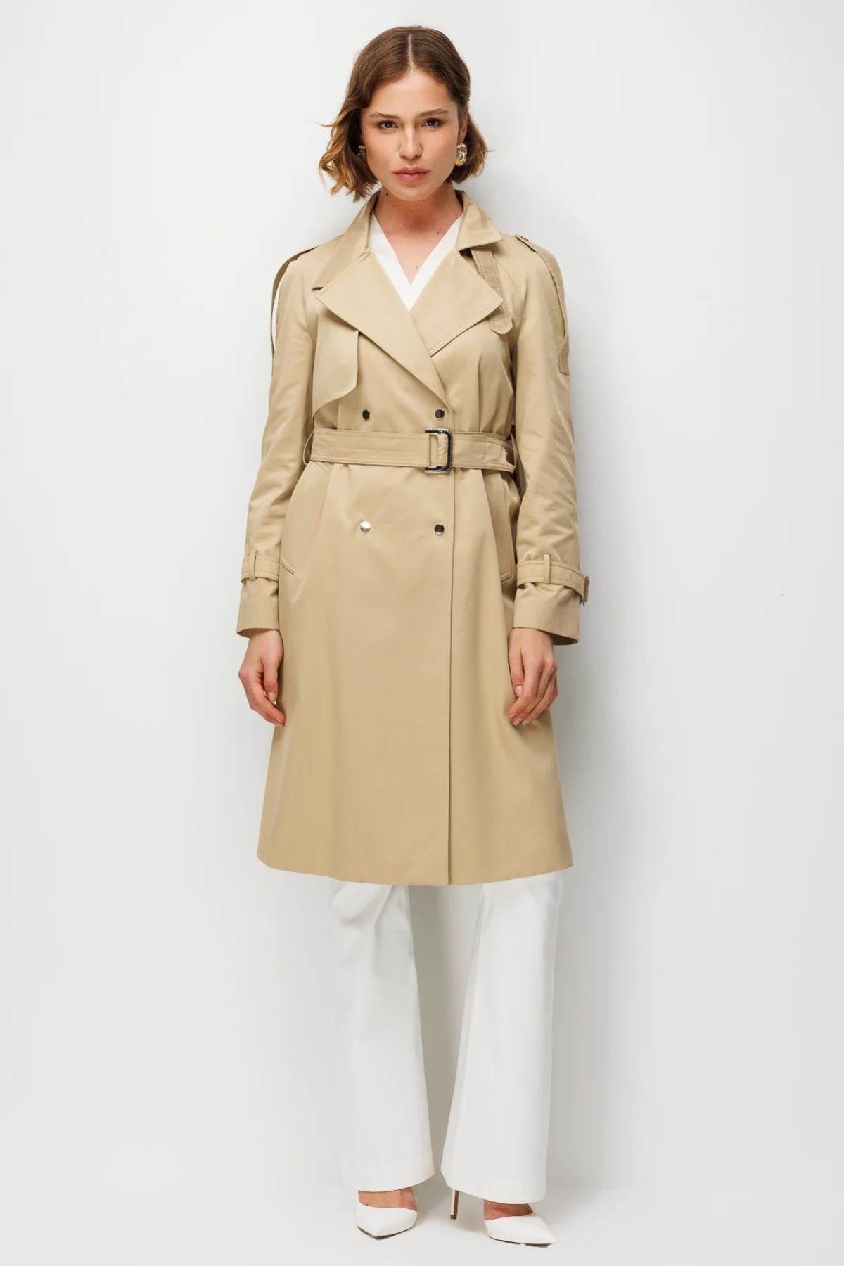 Beli Kemerli Omuzu Apoletli Trençkot