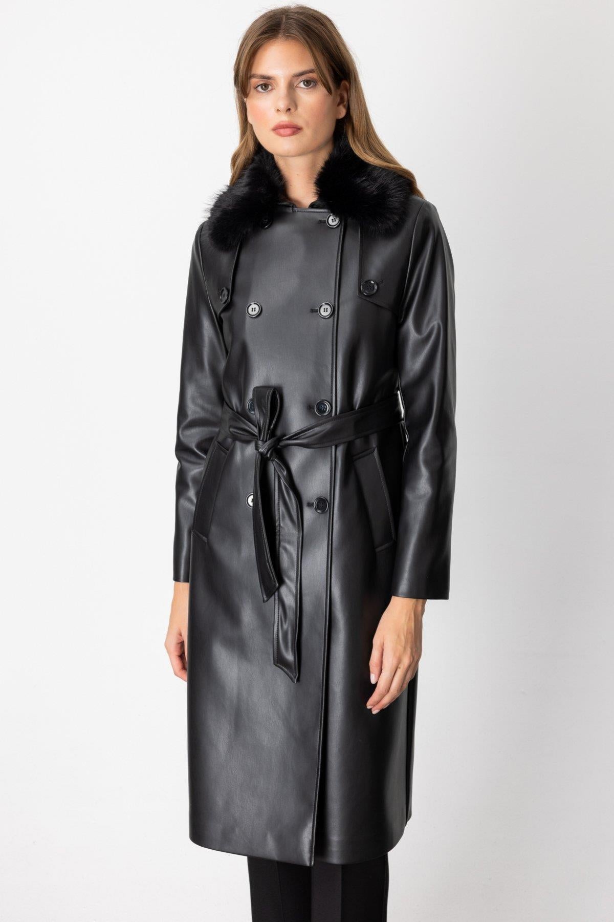 Yakası Kürklü Deri Trençkot