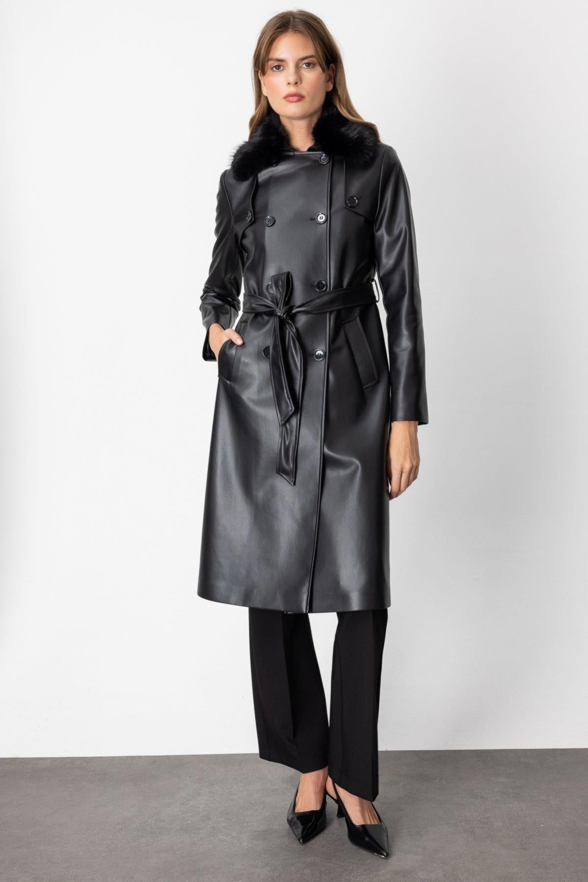 Yakası Kürklü Deri Trençkot