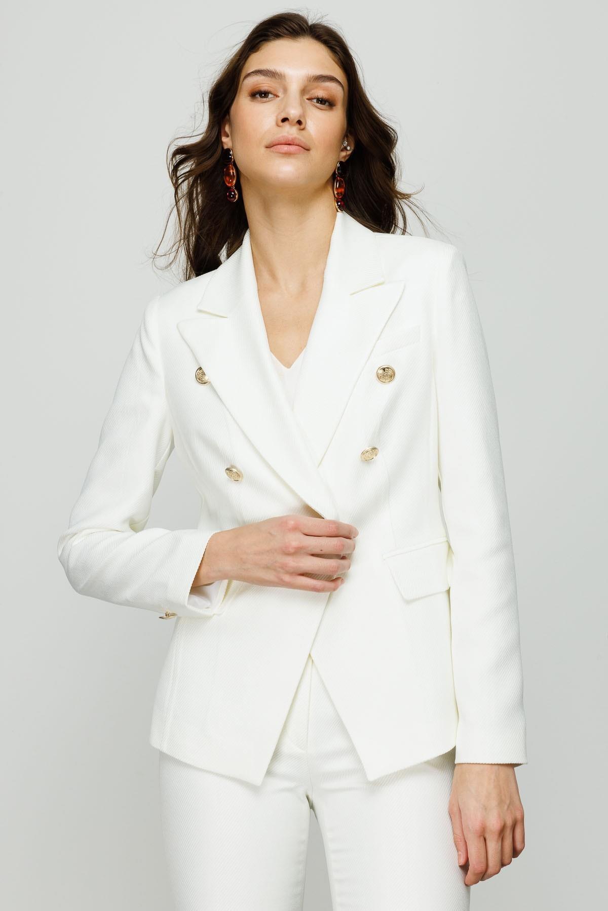 Ekol Ekru Kendinden Desenli Blazer Kadın Ceket - Eser Giyim