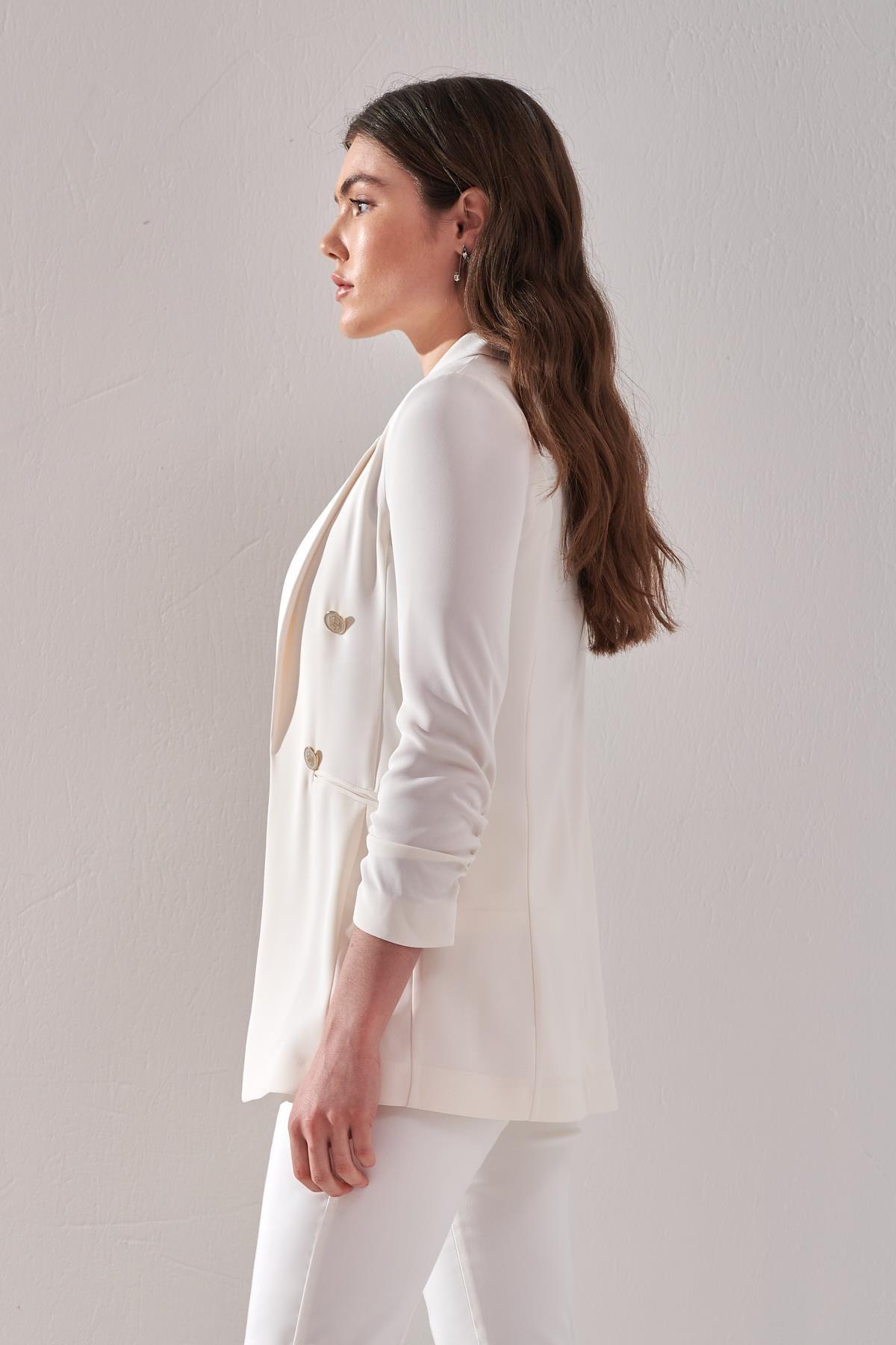 Ekol Ekru Kolu Büzgülü Blazer Kadın Ceket - Eser Giyim