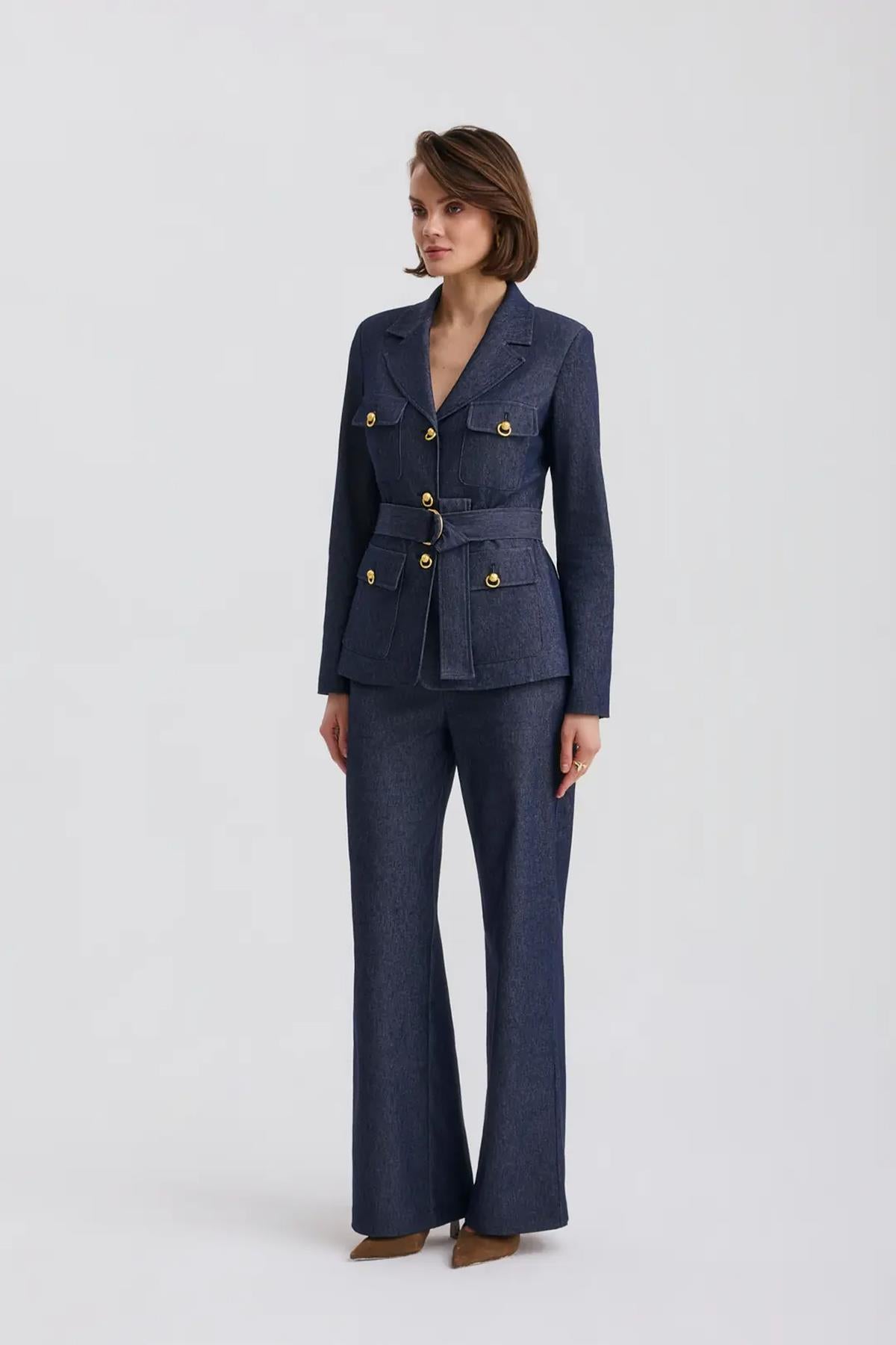 Gold Düğmeli Denim Görünümlü Takım