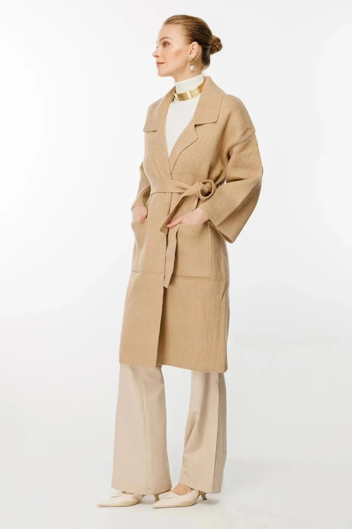 Belted Waist Knitted Long Cardigan