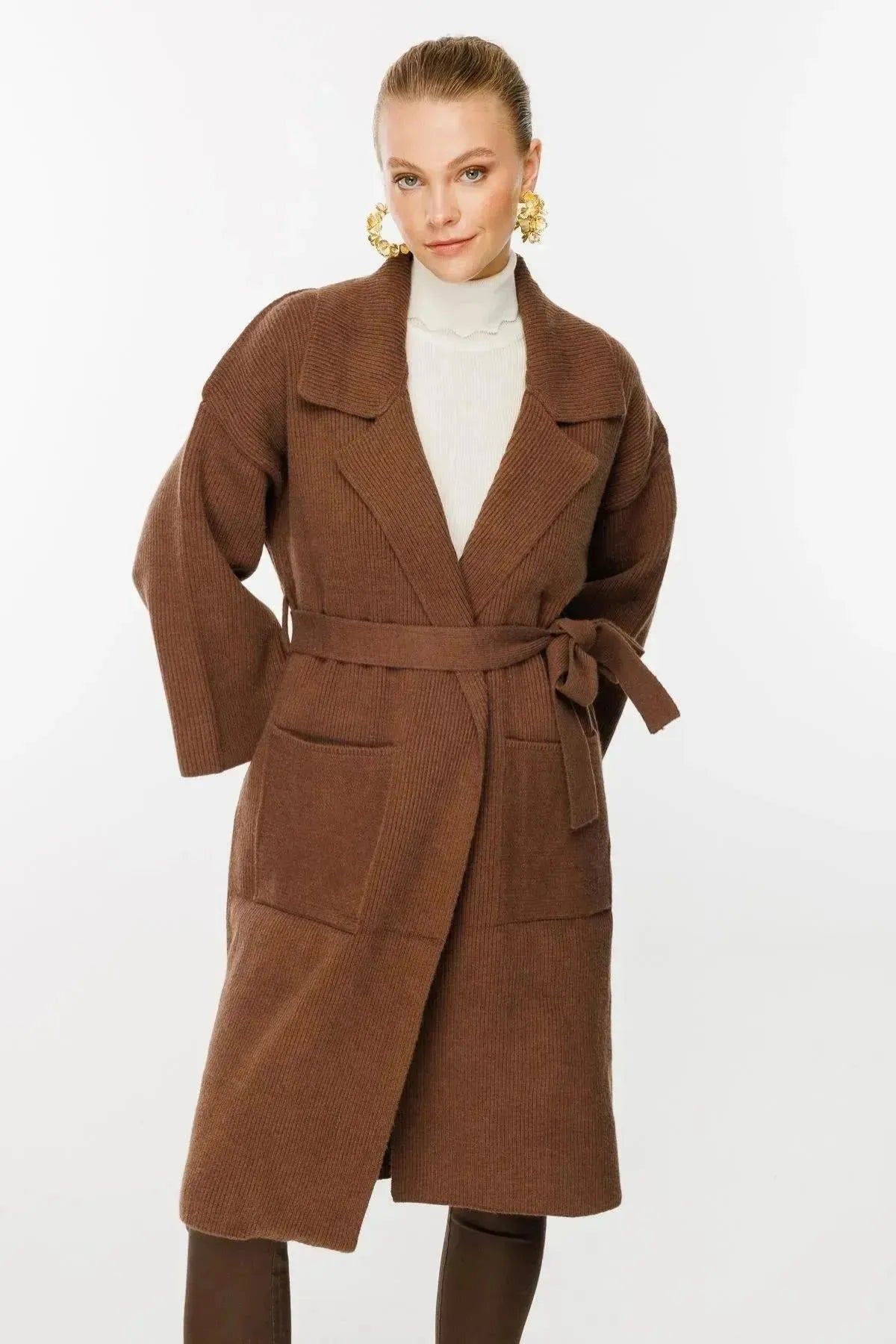 Belted Waist Knitted Long Cardigan