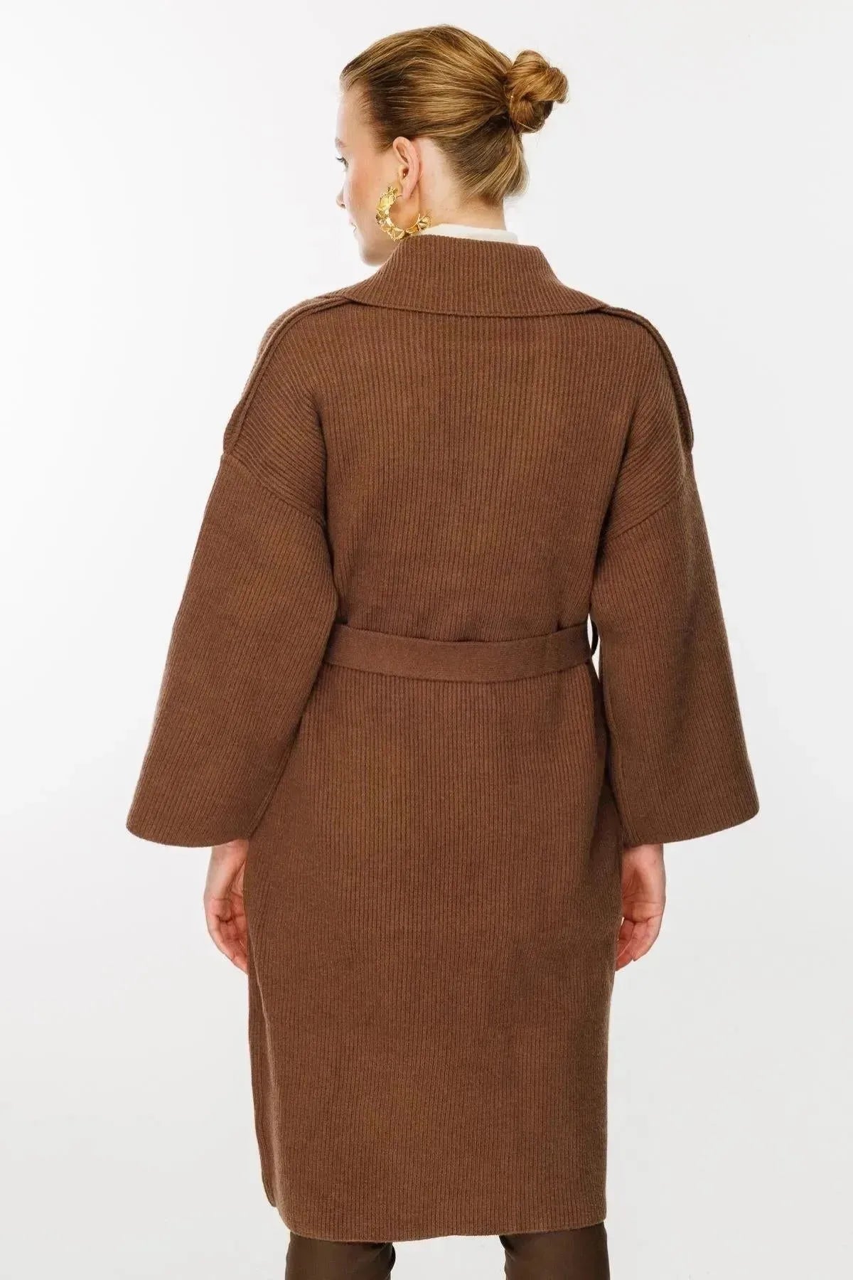 Belted Waist Knitted Long Cardigan