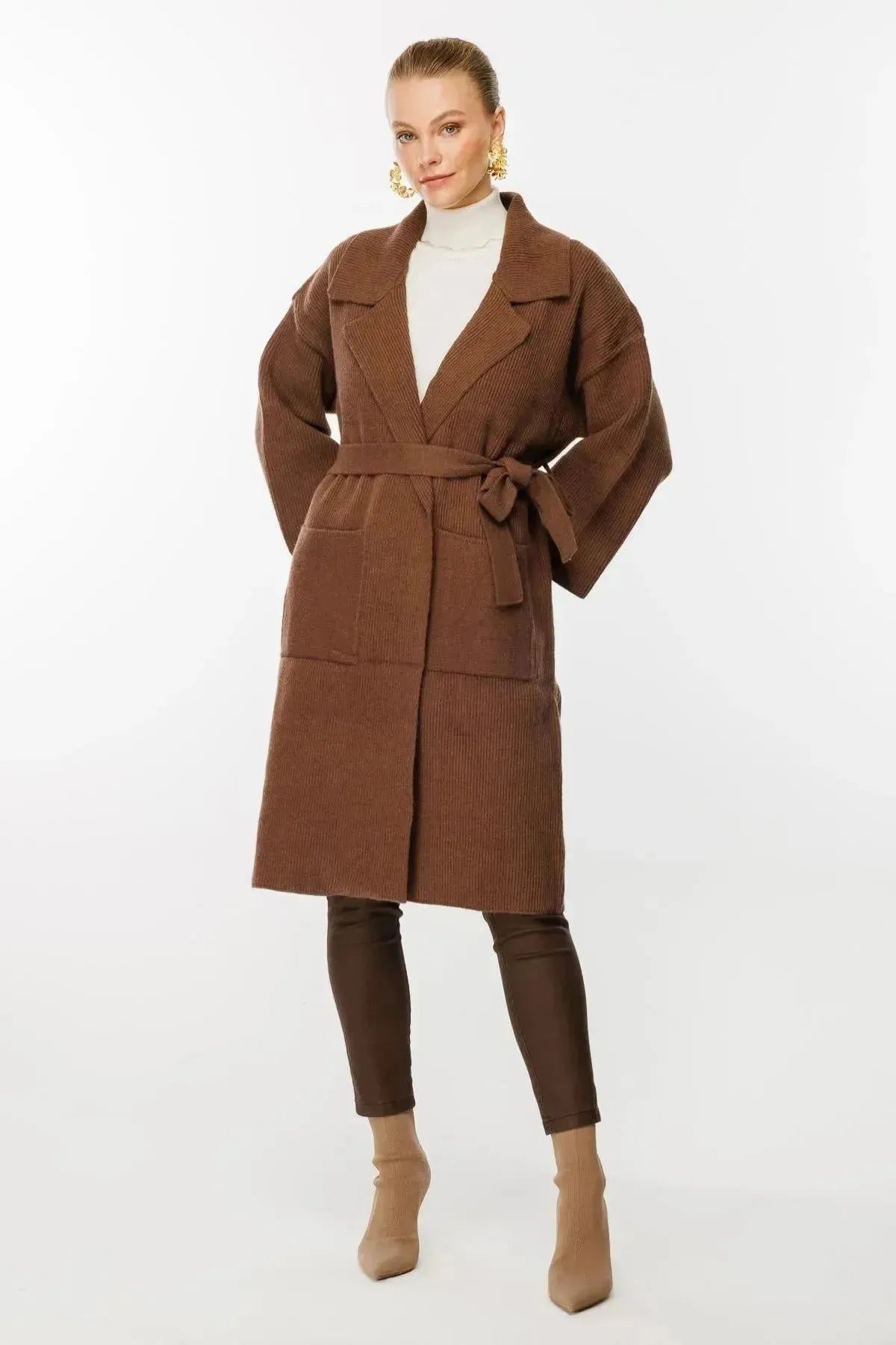 Belted Waist Knitted Long Cardigan