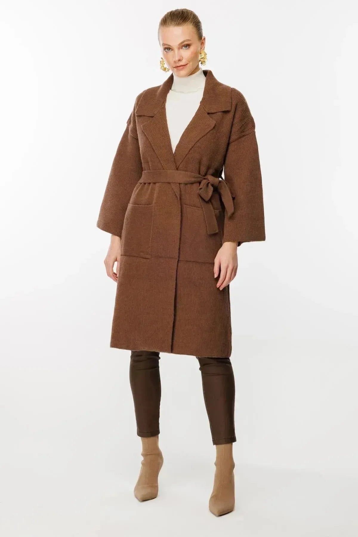 Belted Waist Knitted Long Cardigan
