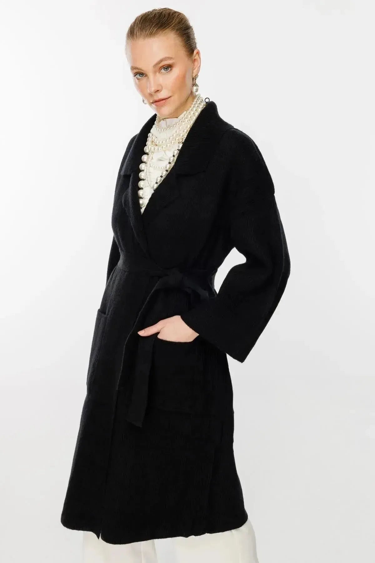 Belted Waist Knitted Long Cardigan