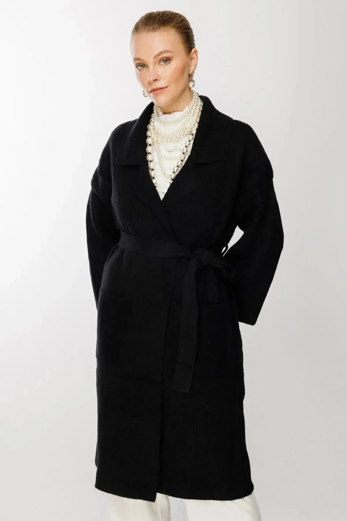 Belted Waist Knitted Long Cardigan