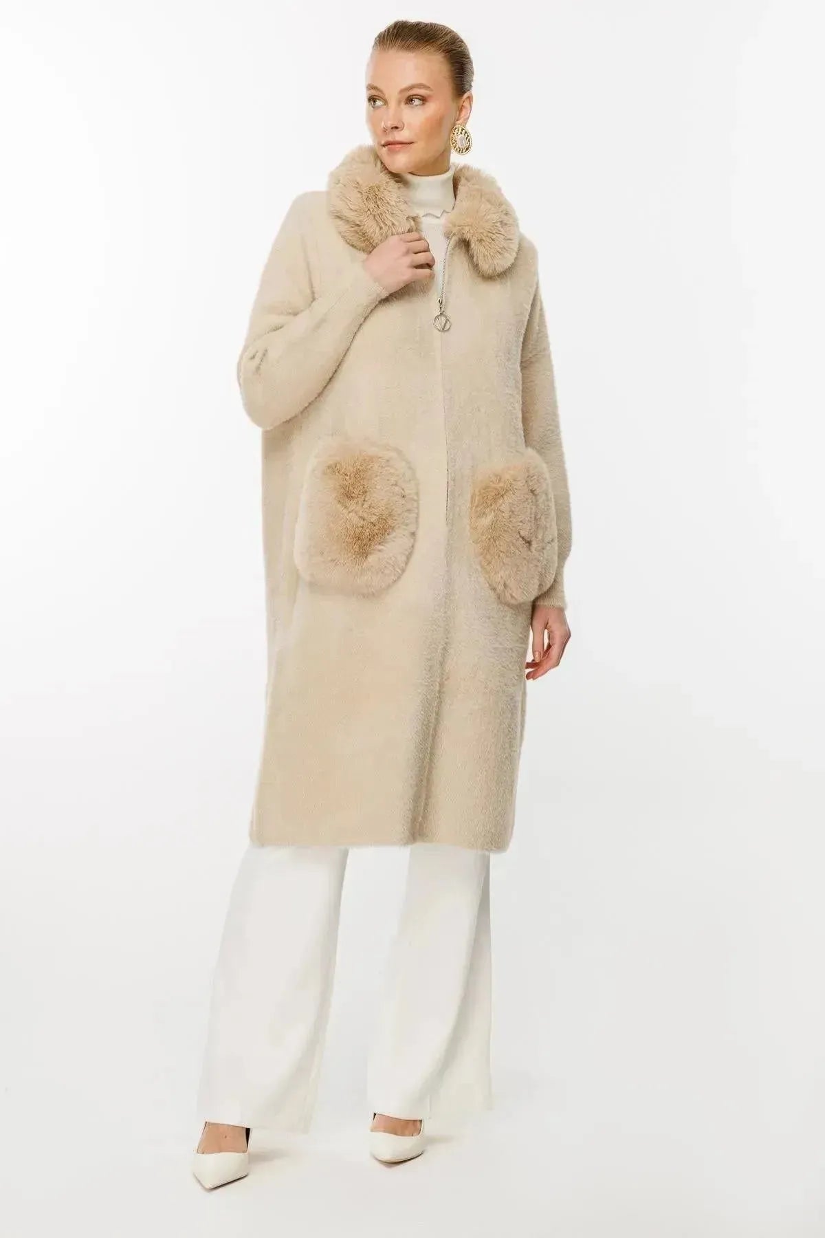 Fur Detailed Coat with Collar and Pocket